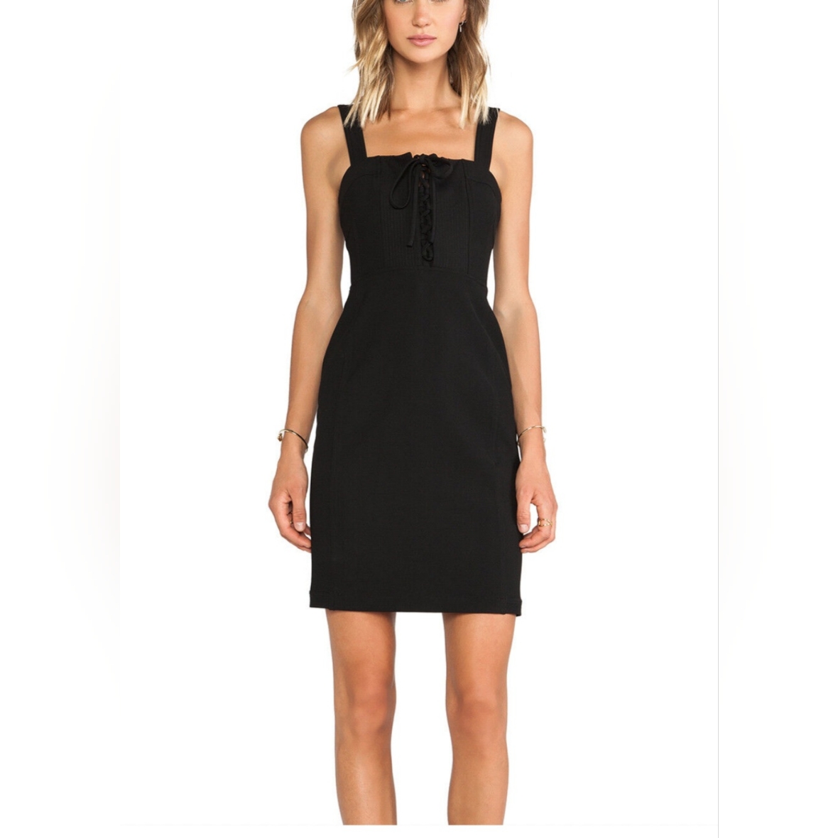 Diane Von Furstenberg Lace Up Front Square Neck Women's Black Dress Size 10